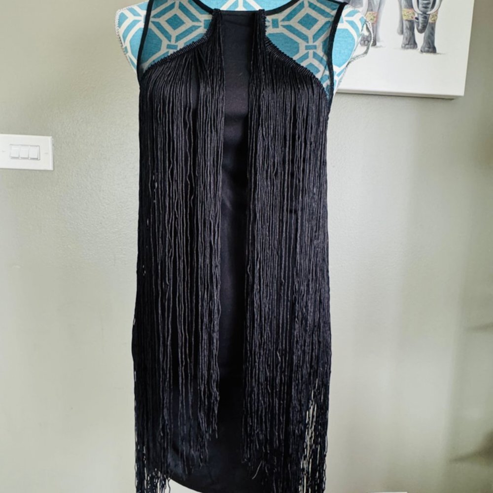 ASOS DESIGN fringe and mesh mini shift dress in black Size 4 - Picture 6 of 7